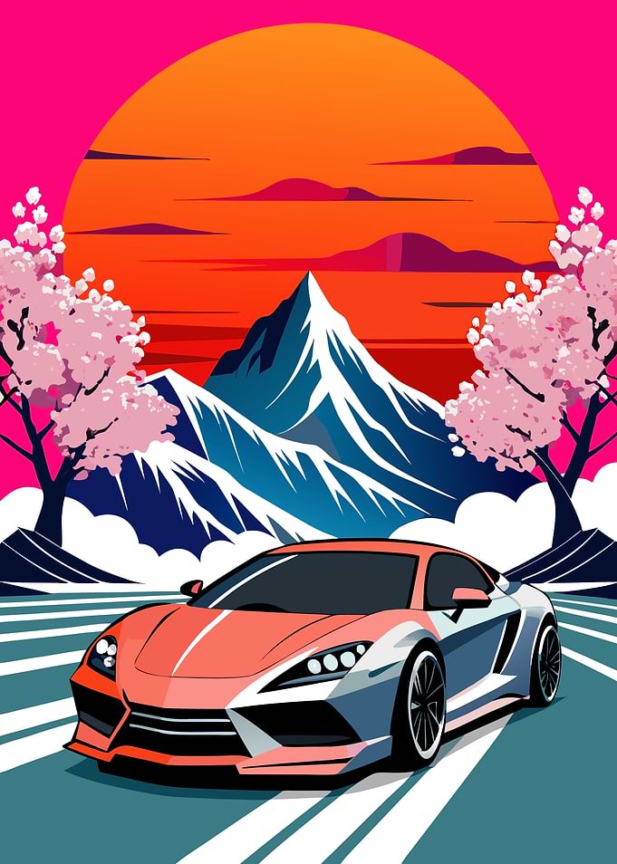 Neon Pop Art Style Futuristic Sports Car with Japanese Landscape Background Metal Wall Print Art