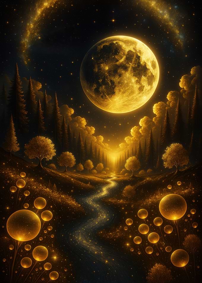 Golden Moonlit Landscape with River