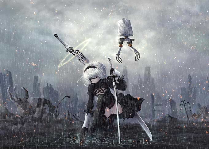 2B and Pod in Ruined City