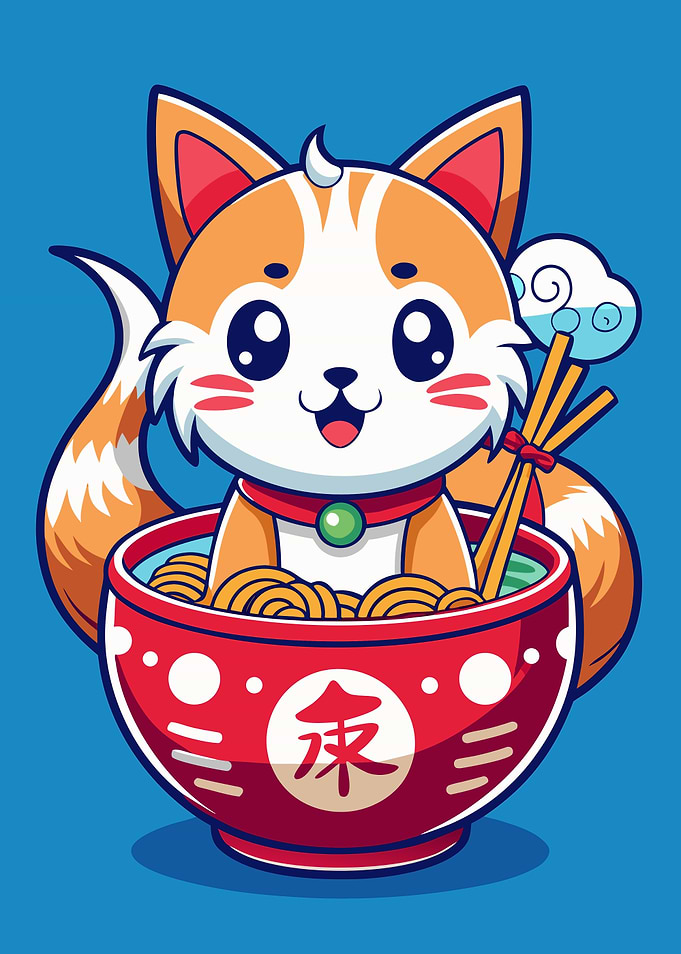 Cartoon Fox in Ramen Bowl Illustration