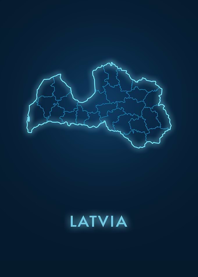 Neon Blue Map of Latvia