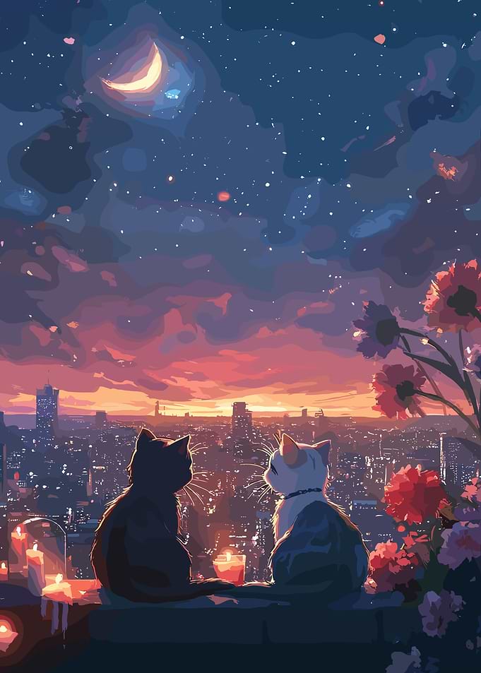 Cats watching sunset over city