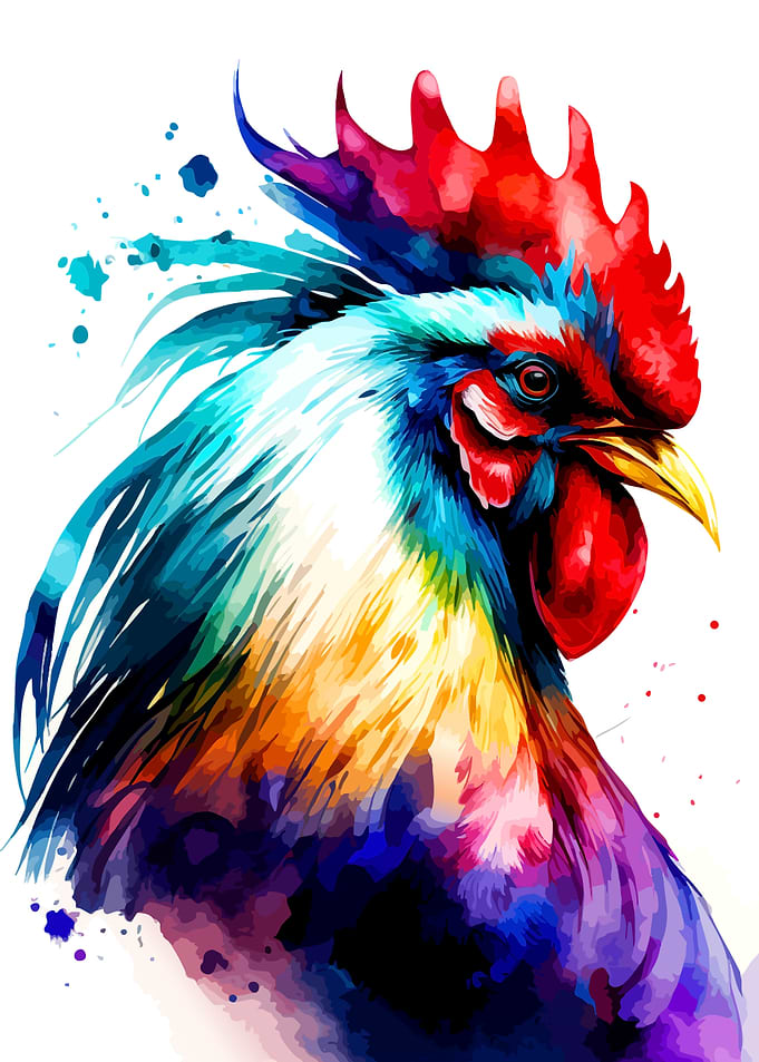 Colorful Watercolor Rooster Portrait