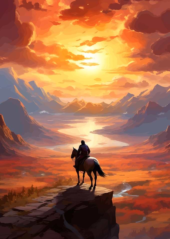 Horse Rider at Sunset Landscape