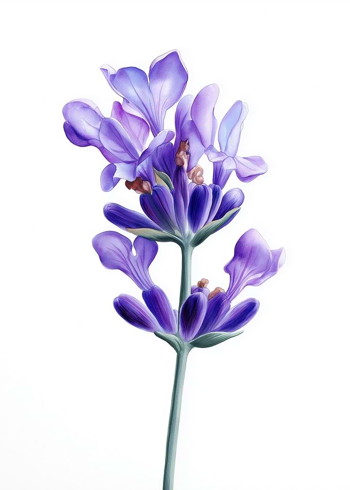 Watercolor Lavender Flower on White Background