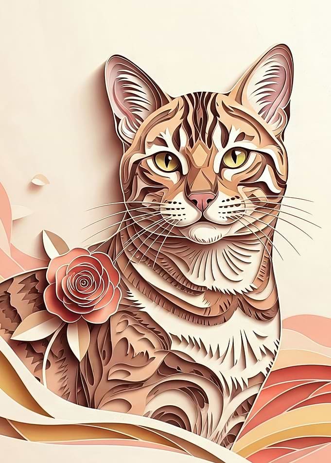 Elegant Papercut Cat with Rose