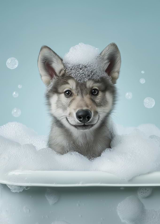 Wolf Pup in a bubble bath