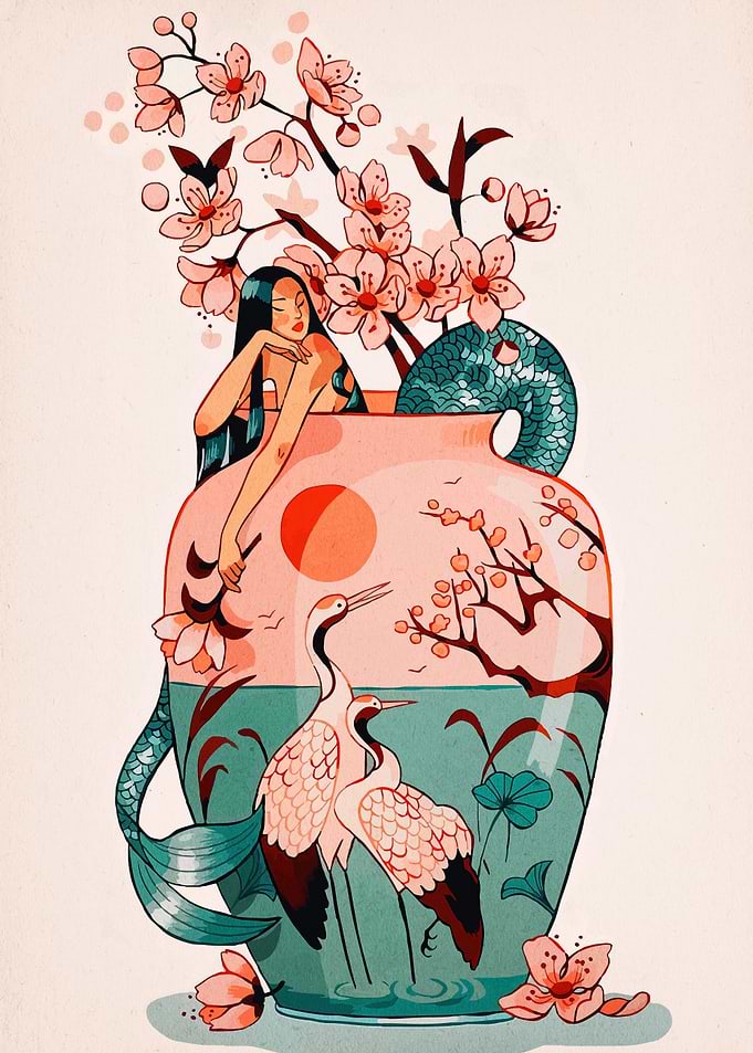 Asian-inspired Vase with Woman and Cranes
