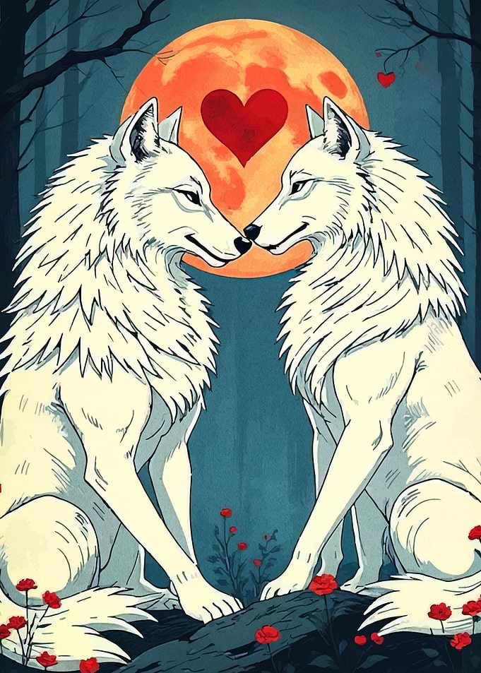 Wolves in Love Under a Heart Moon