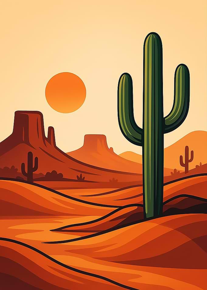 Desert Landscape with Cactus and Sun
