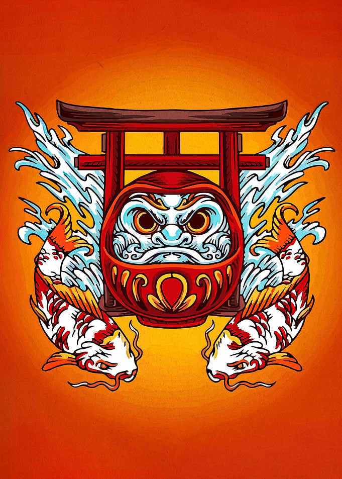 Daruma Doll with Koi Fish Illustration