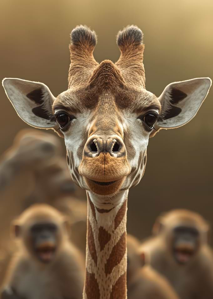 Giraffe Portrait with Monkeys