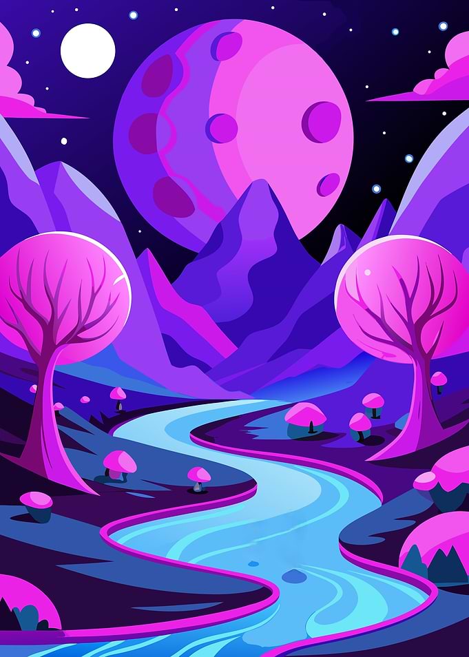 Dreamlike Alien Valley Illustration with Neon Pink Trees, Purple Mountains and Large Moon Metal Print