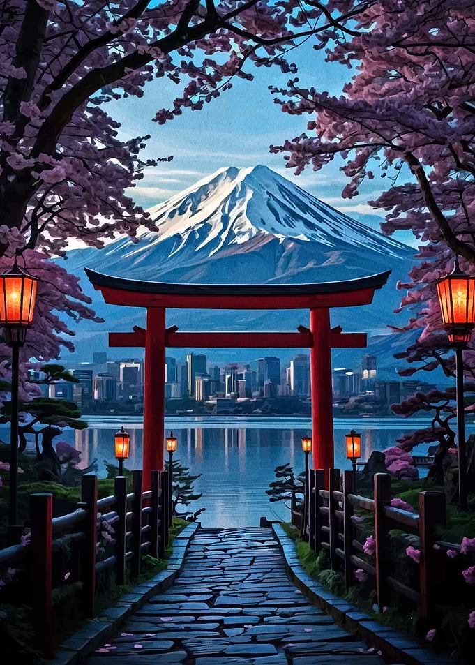 Japanese Landscape with Mount Fuji