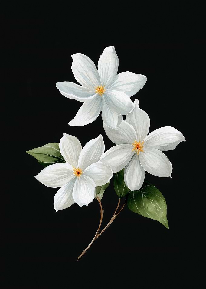 White Flowers Watercolor on Black Background