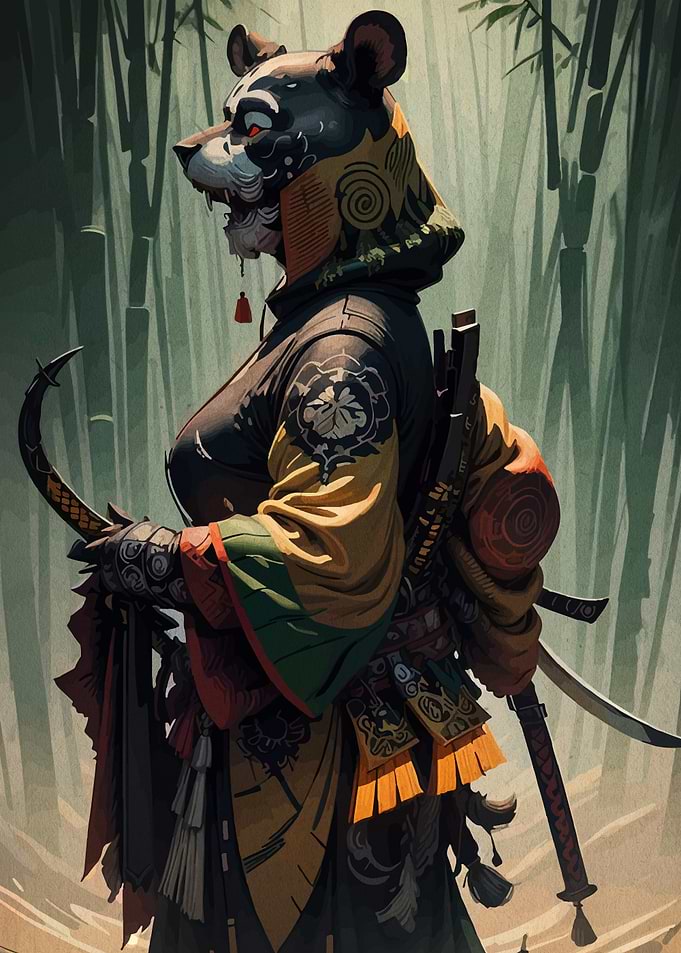Panda Samurai in Bamboo Forest