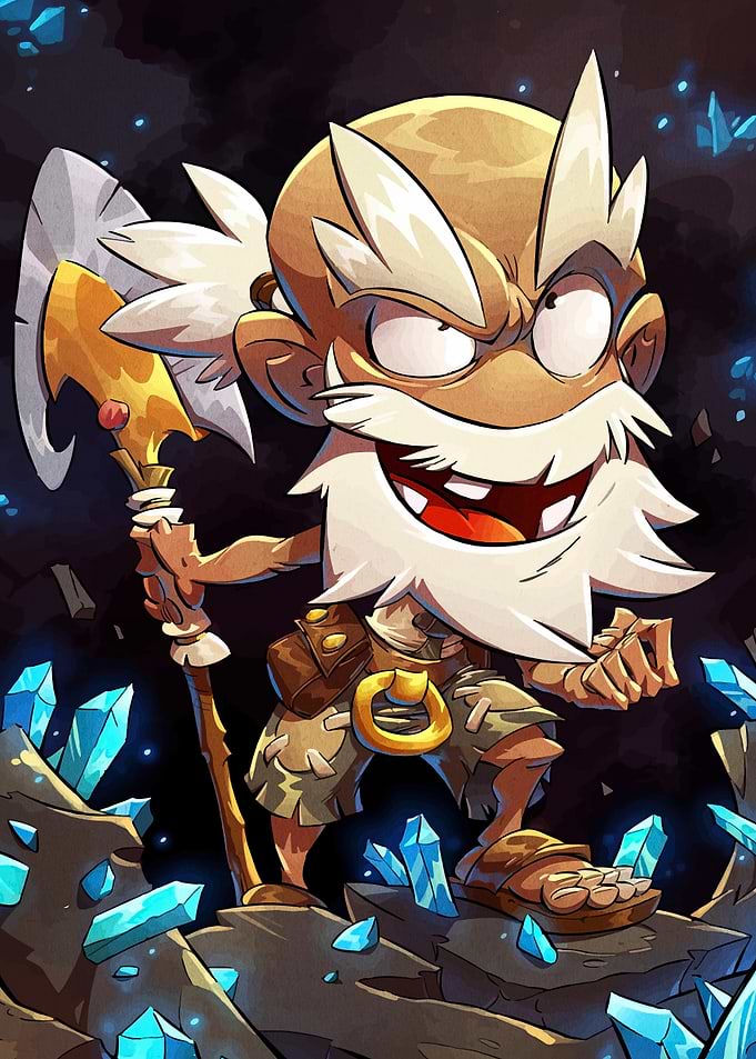 Cartoon Dwarf with Axe and Crystals