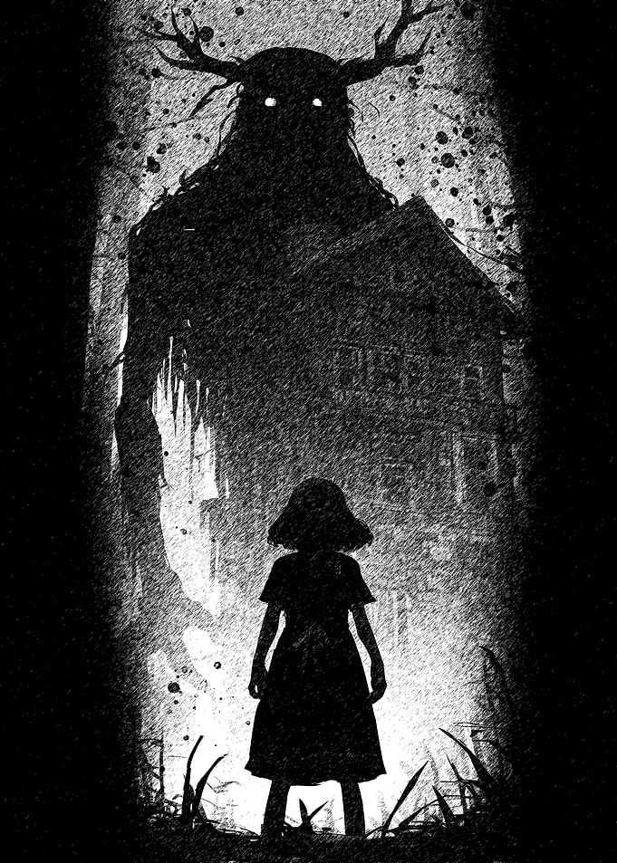 Silhouette of Girl and Antlered Figure