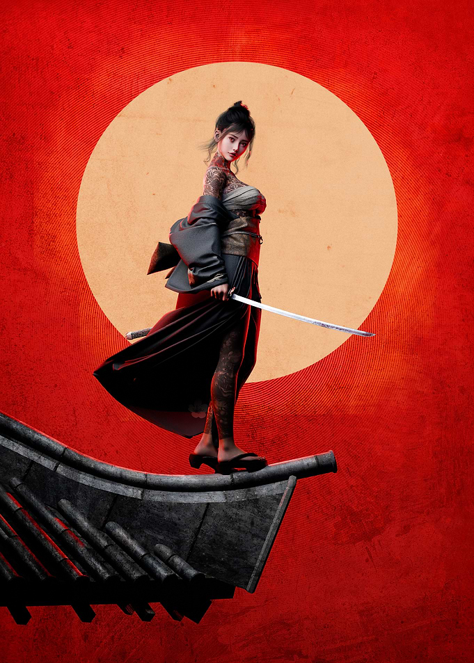 Tattooed Female Samurai with Katana on Roof