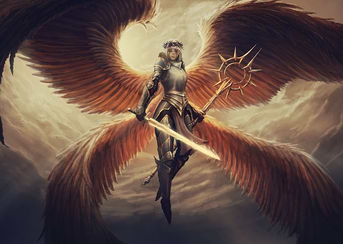Winged Warrior Angel with Sword and Staff
