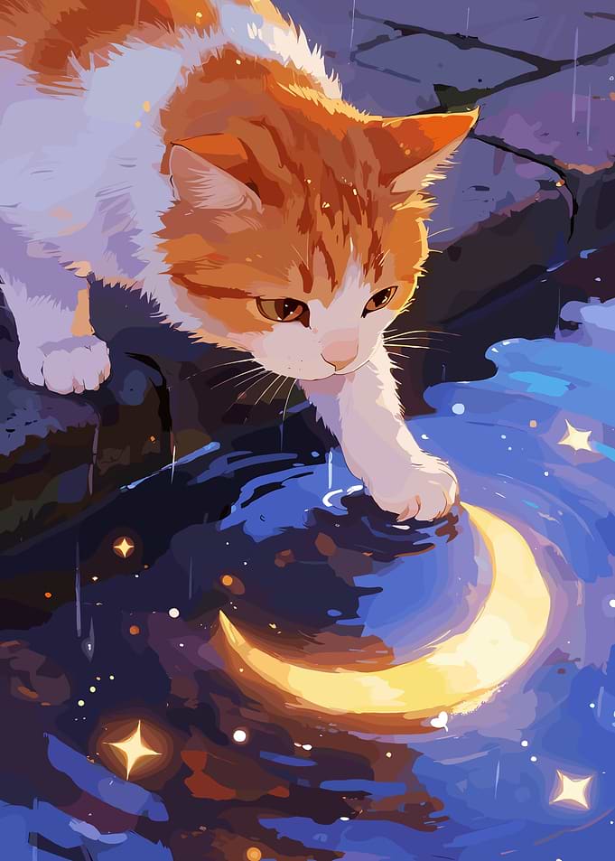 Cat Reaching for Moon Reflection