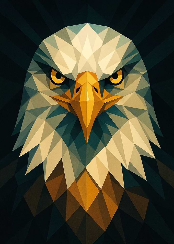 Majestic eagle portrait rendered in geometric shapes with piercing yellow eyes conveying power