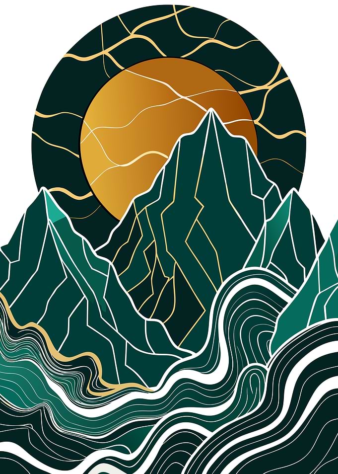 Abstract Mountain Landscape with Golden Sun