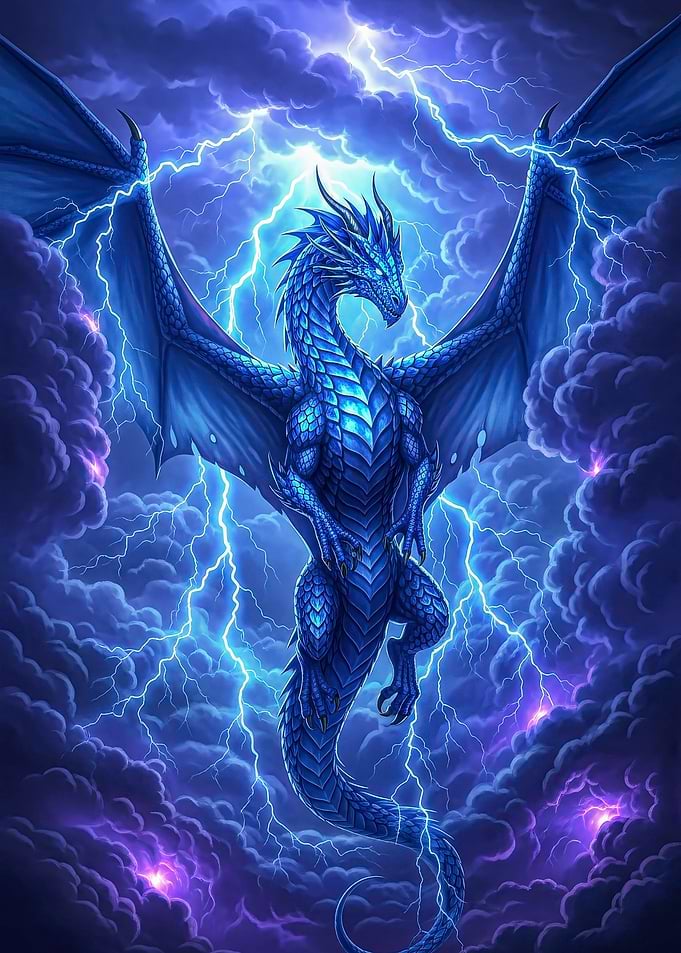 Blue Dragon in Stormy Sky