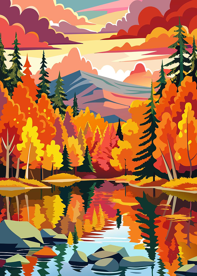 Intricate Mosaic Style Autumn Forest Landscape at Sunset Metal Wall Print Art