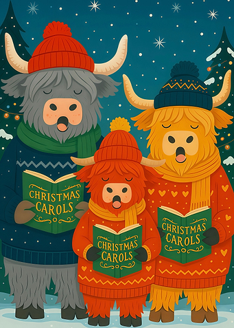 Highland Cow Christmas Carollers