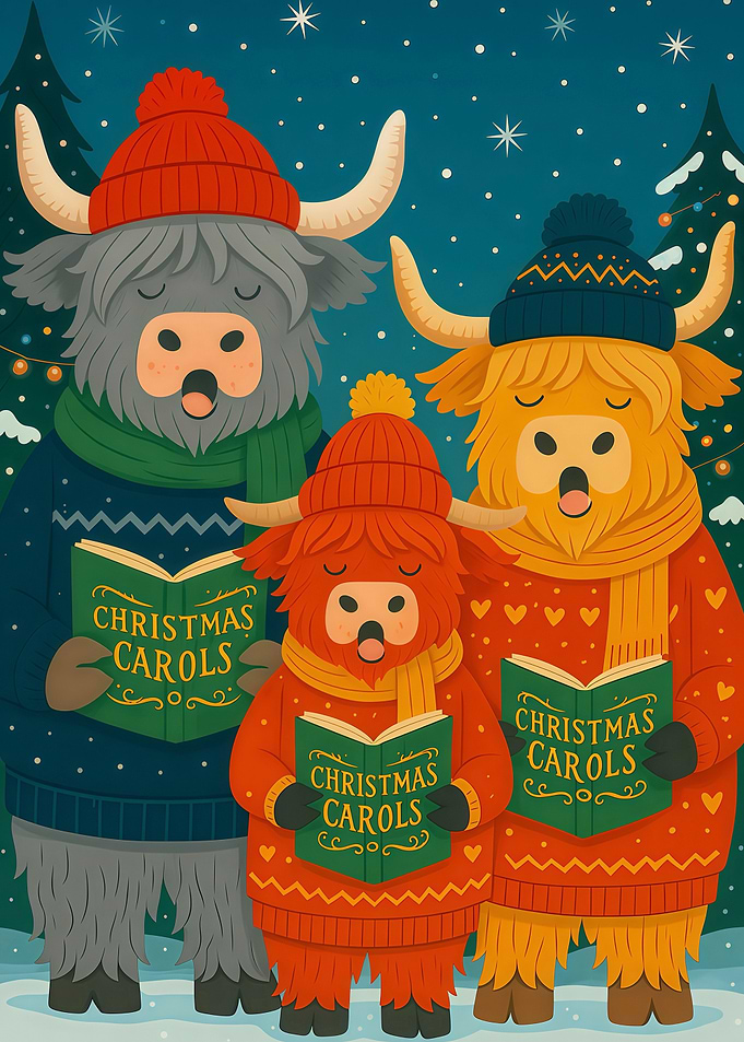 Highland Cow Christmas Carollers