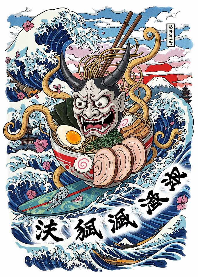 Ramen Bowl Surfing with Oni Mask