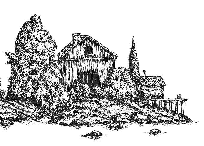 Black and White Cabin Landscape Drawing