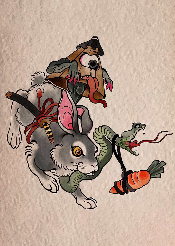 Rabbit, Snake, and Yokai Illustration