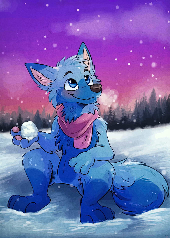 Blue Furry with Snowball in Winter