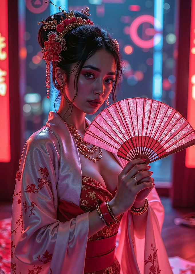 Cyberpunk Geisha Woman with Fan