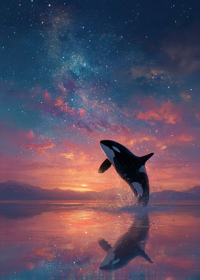Orca breaching at sunset under stars