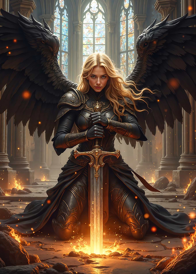 Winged Warrior Angel with Sword in Ruins