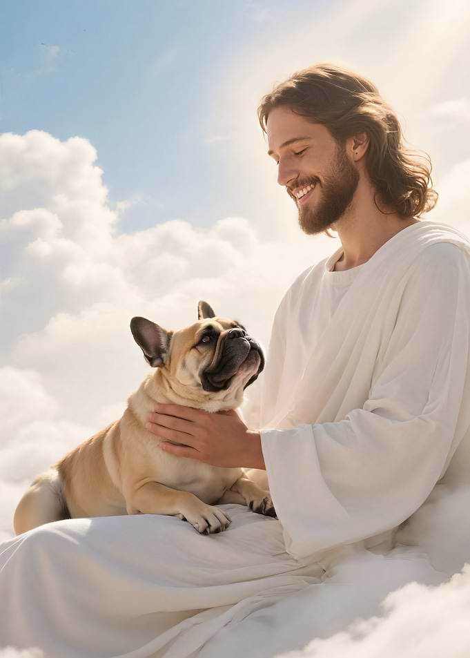 Jesus with a French Bulldog in Paradise | Dog Memorial Gift