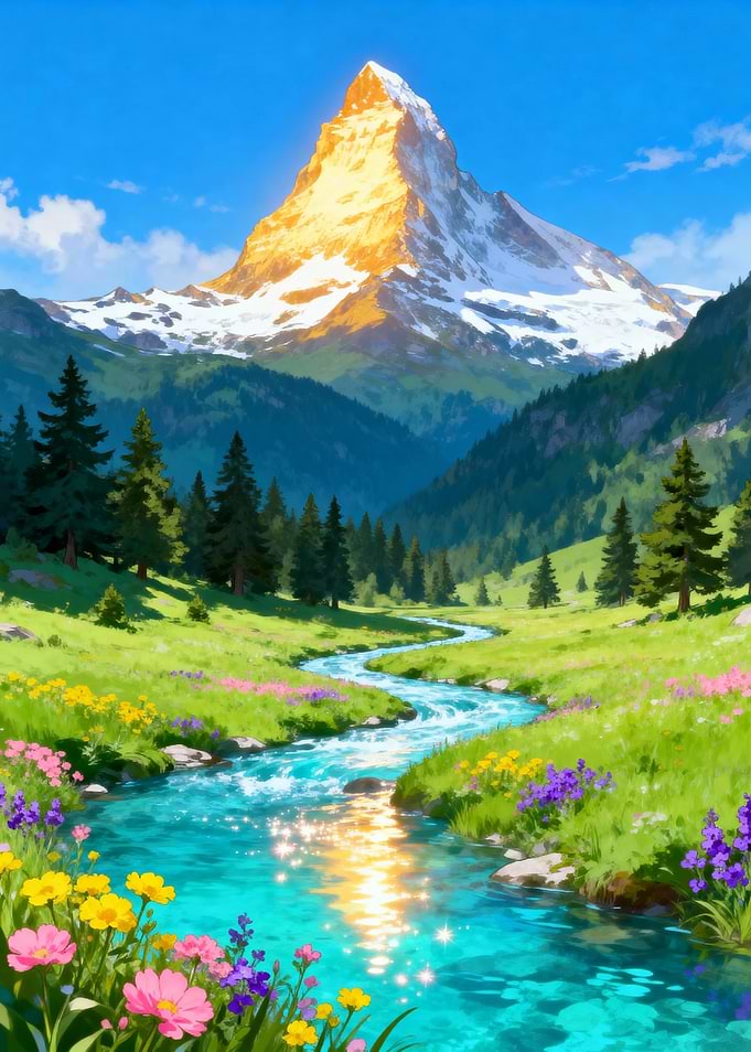 Mountain Landscape with River and Flowers