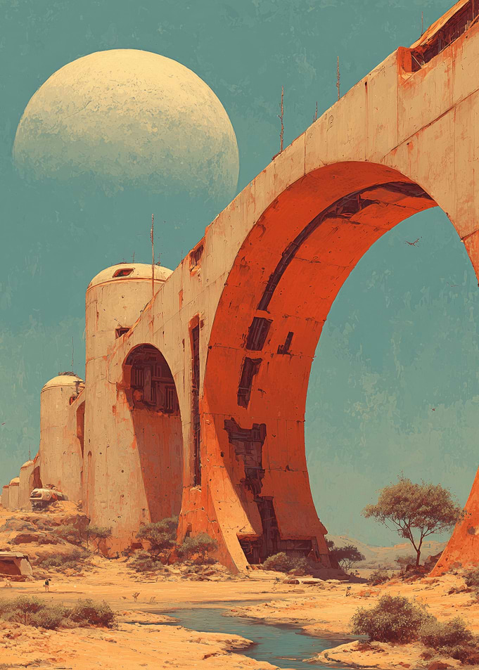 Arches in Desert Landscape with Moon