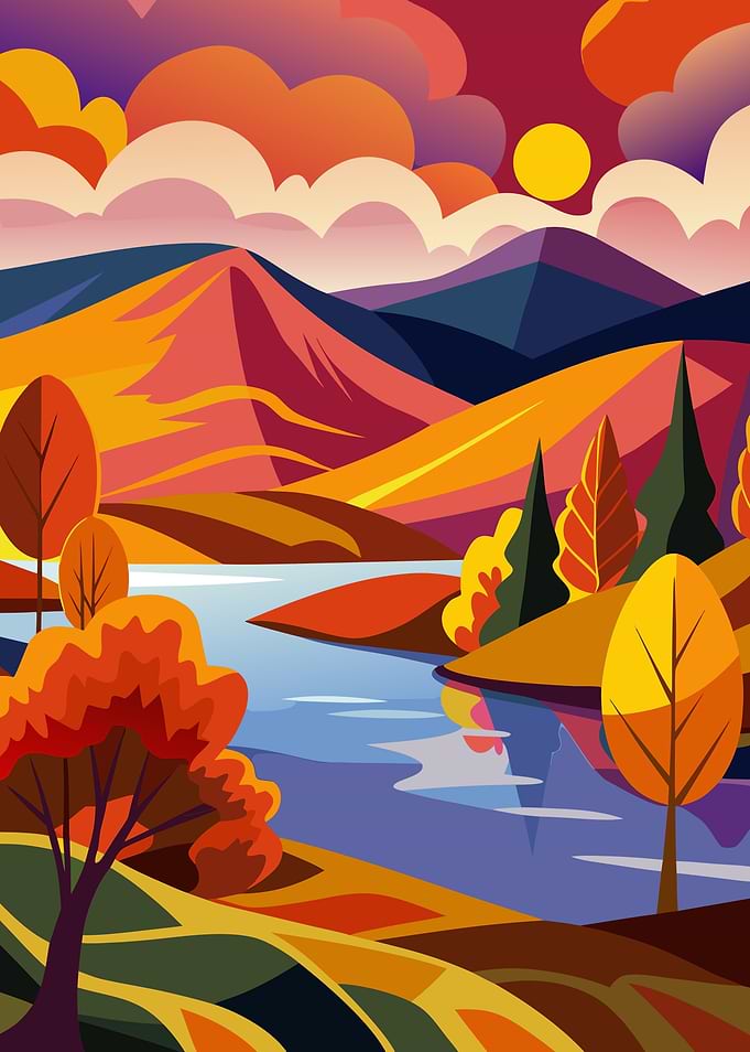 Autumn Landscape with Lake and Mountains