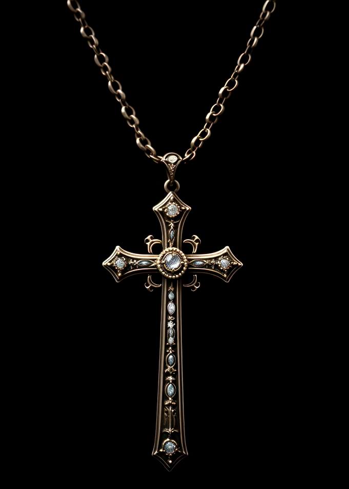 Ornate Cross Pendant Necklace on Black