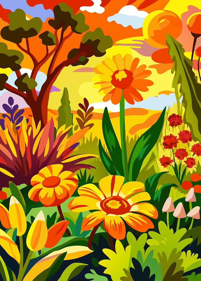 Vibrant Botanical Garden Illustration at Sunrise with Warm, Expressive Colors Metal Wall Print Art