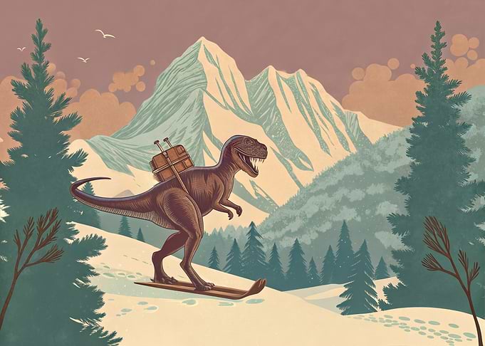 Skiing Dinosaur with Luggage