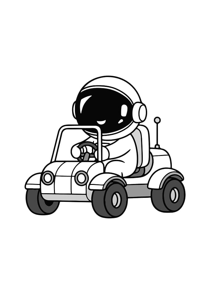 Astronaut driving a rover, cartoon style
