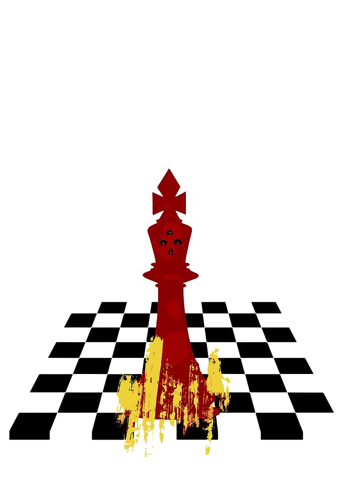 Red Chess King on Checkered Board