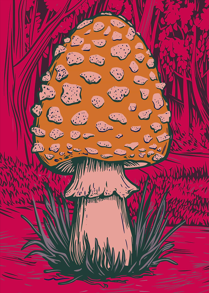 Amanita Mushroom in Forest Illustration - Linocut Effect