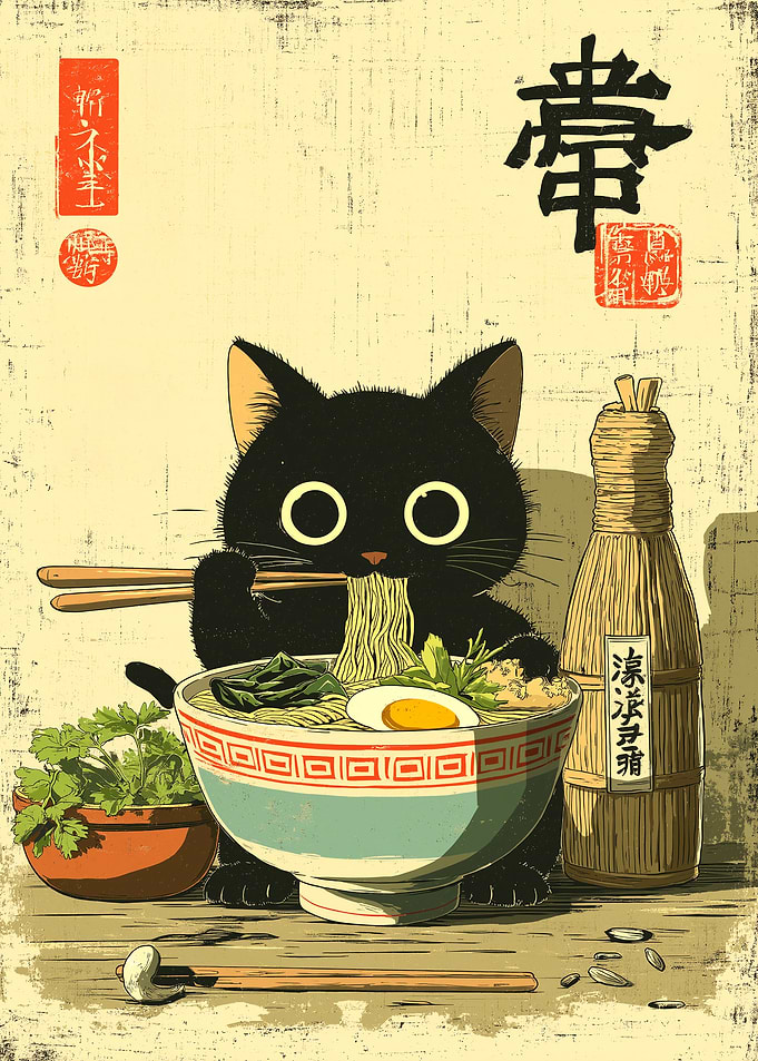 Black Cat Eating Ramen Illustration