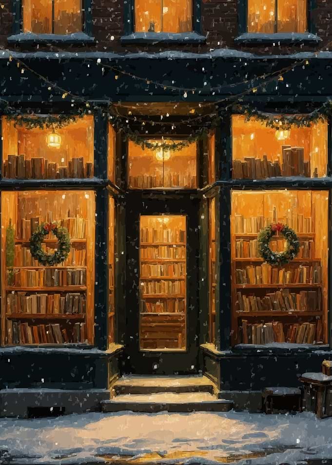 Winter Bookstore Front with Christmas Wreaths